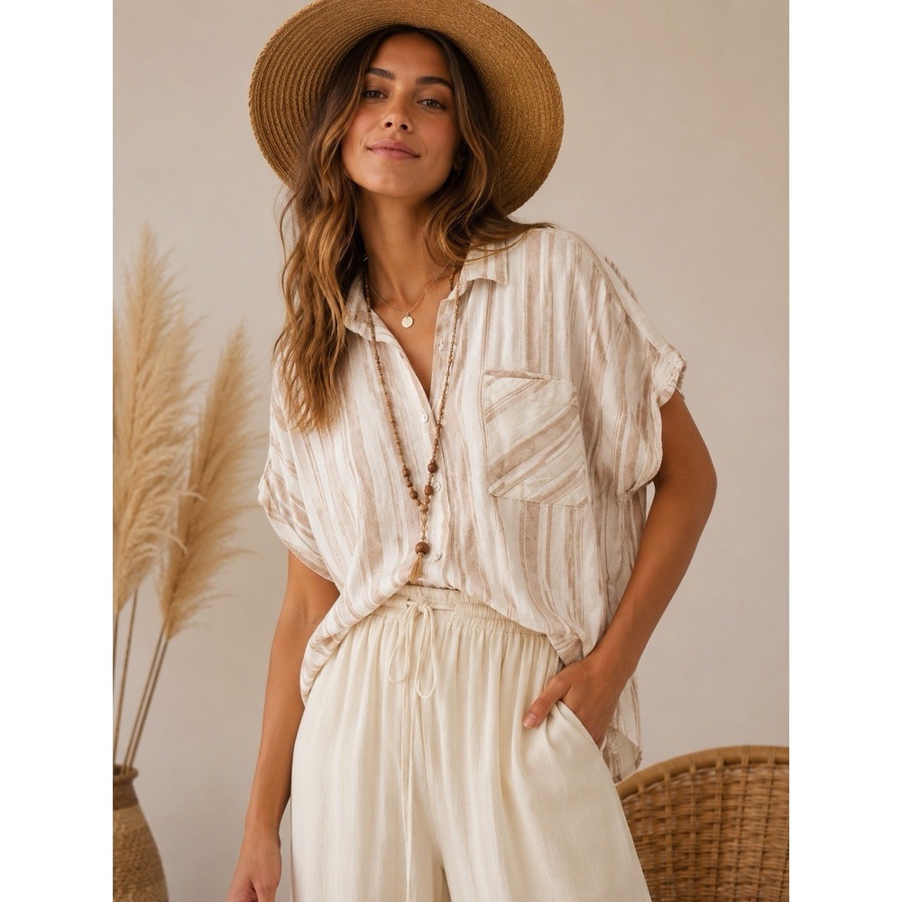 Cisono Linen Blend Stripe Button Up Womens L Coastal Vacation Boxy Top